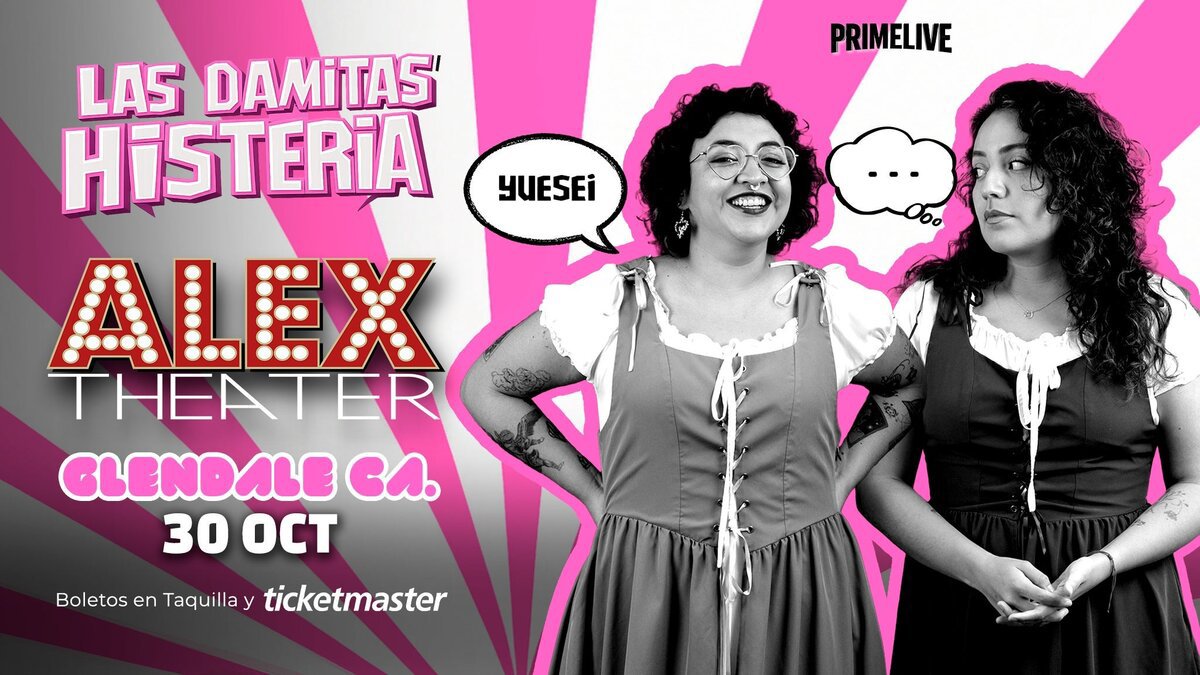 Promotional flyer showing two smiling women in matching dark dresses beside the show title and Alex Theater, Glendale, 30 Oct