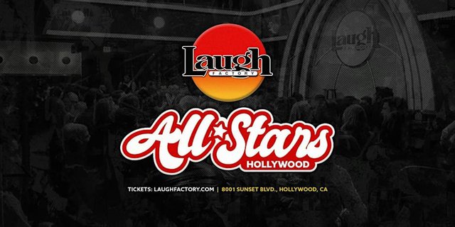Laugh Factory All-Stars Hollywood flyer over a darkened photo of a crowd facing the club stage