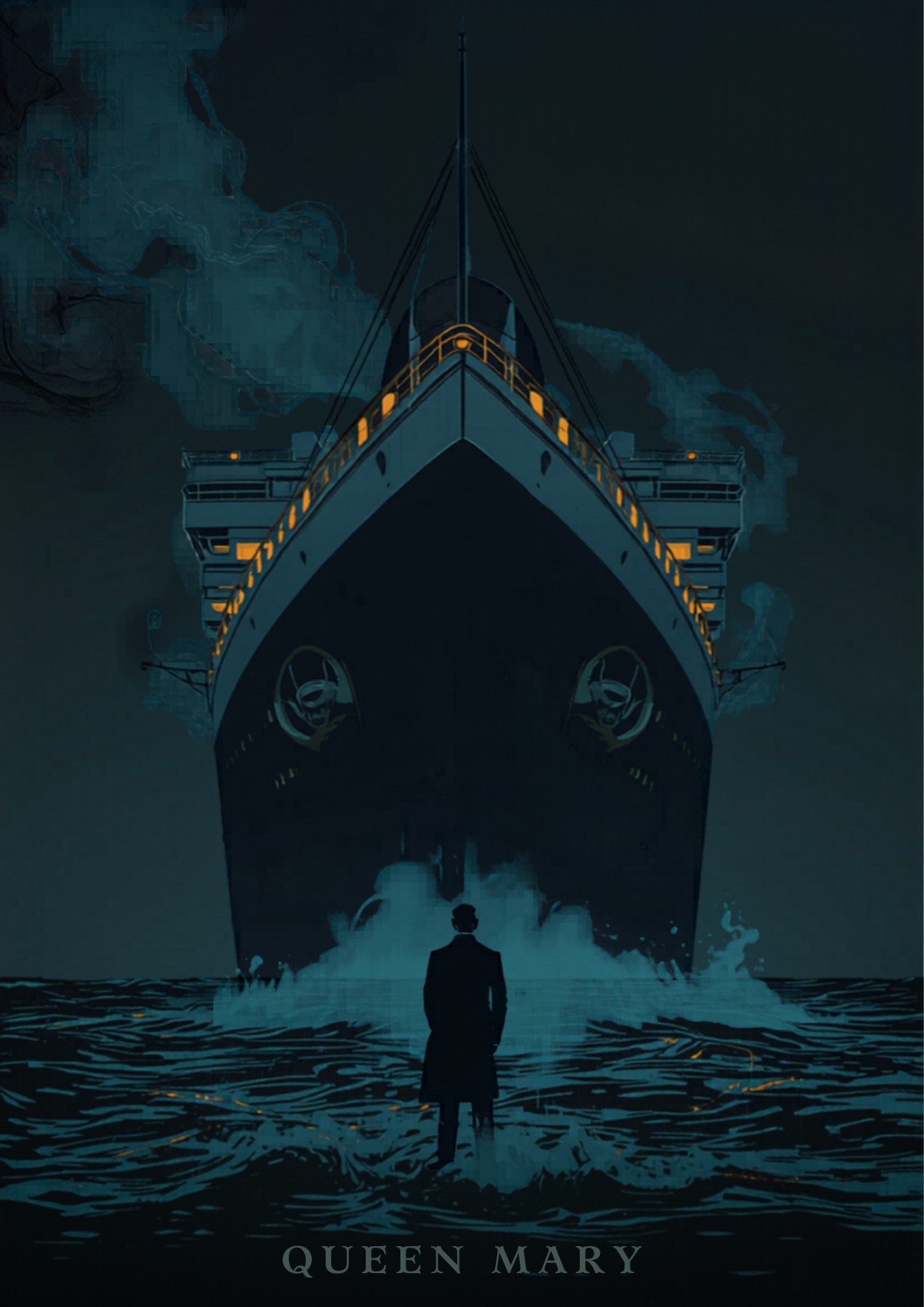 The Queen Mary ship docked in Long Beach harbor at twilight