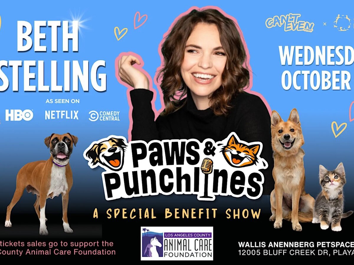 Event poster for Paws & Punchlines with comedian Beth Stelling surrounded by a dog and cats