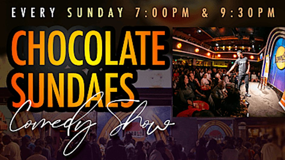 Chocolate Sundaes comedy show flyer showing a comic performing for a packed club audience