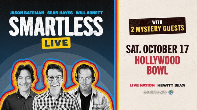 Tour artwork showing Jason Bateman, Sean Hayes and Will Arnett above the SmartLess Live logo