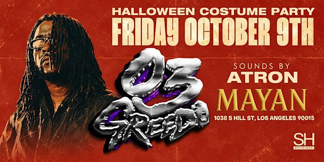 03 Greedo in glasses and long dreadlocks on a red flyer for his Halloween costume party at the Mayan