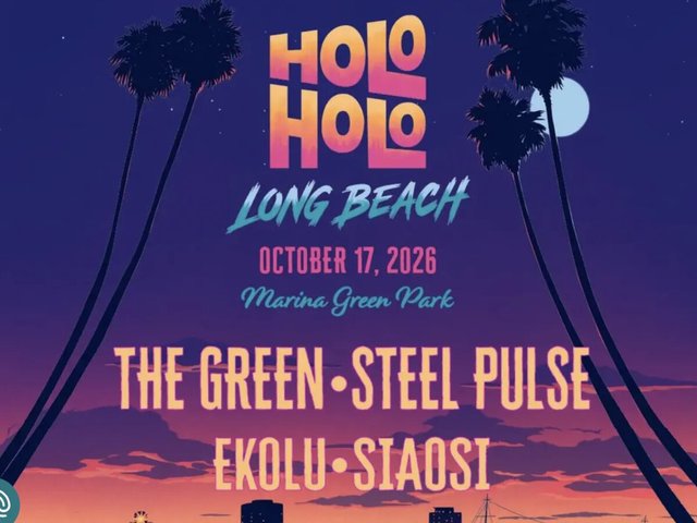 Festival poster with palm trees at dusk and the lineup The Green, Steel Pulse, Ekolu and Siaosi