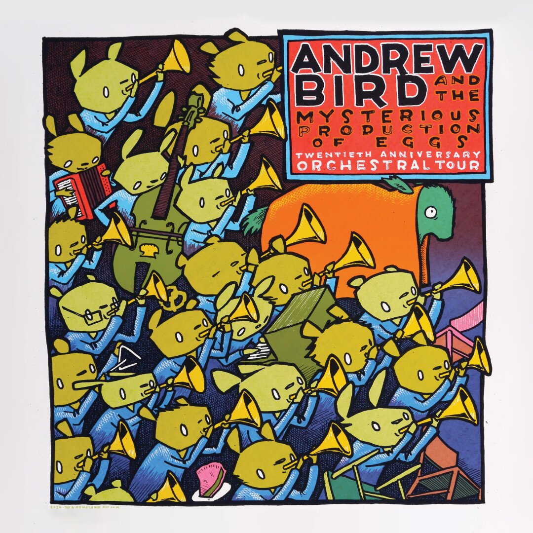 Illustrated tour poster of green rabbit-like musicians playing horns, cello and accordion beside the words Andrew Bird and the Mysterious Production of Eggs