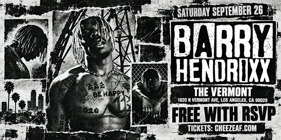Event flyer for Barry Hendrixx Live at The Vermont Hollywood, showing artist name over a dark concert backdrop