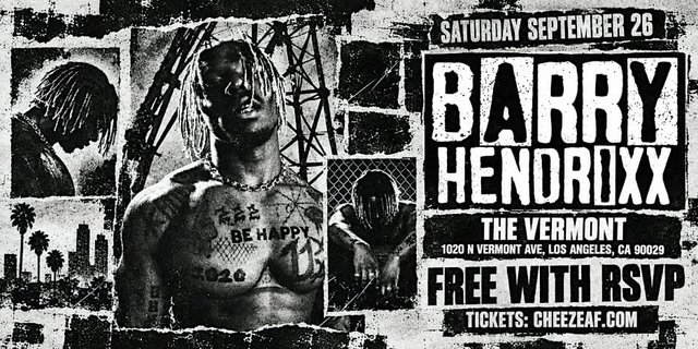 Event flyer for Barry Hendrixx Live at The Vermont Hollywood, showing artist name over a dark concert backdrop