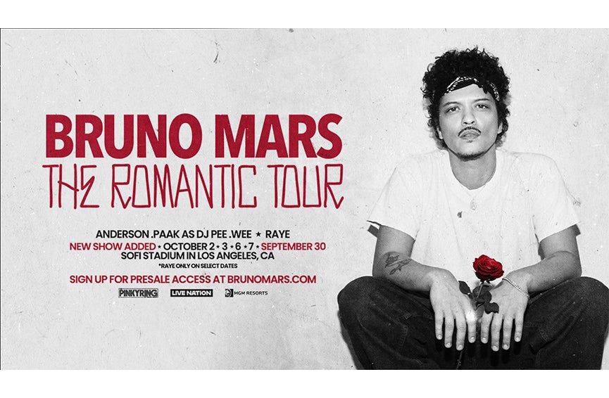 Promotional graphic for Bruno Mars' five SoFi Stadium shows on The Romantic Tour