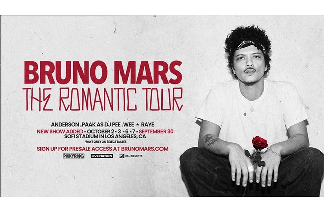 Promotional graphic for Bruno Mars' five SoFi Stadium shows on The Romantic Tour