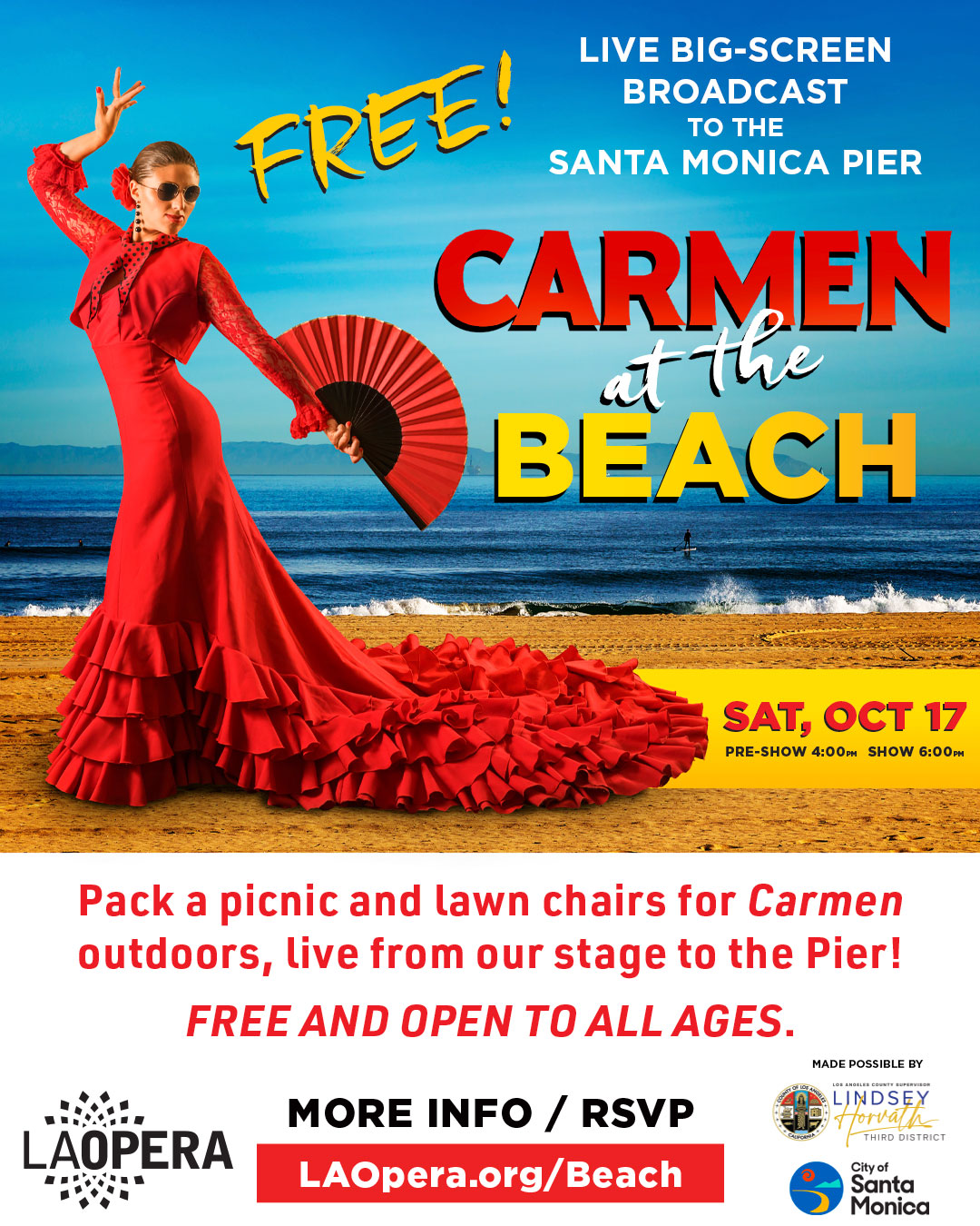 Poster showing a flamenco dancer in a red dress with a fan on a beach, promoting Carmen at the Beach
