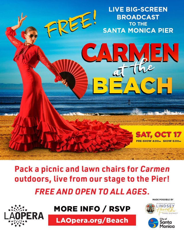 Poster showing a flamenco dancer in a red dress with a fan on a beach, promoting Carmen at the Beach