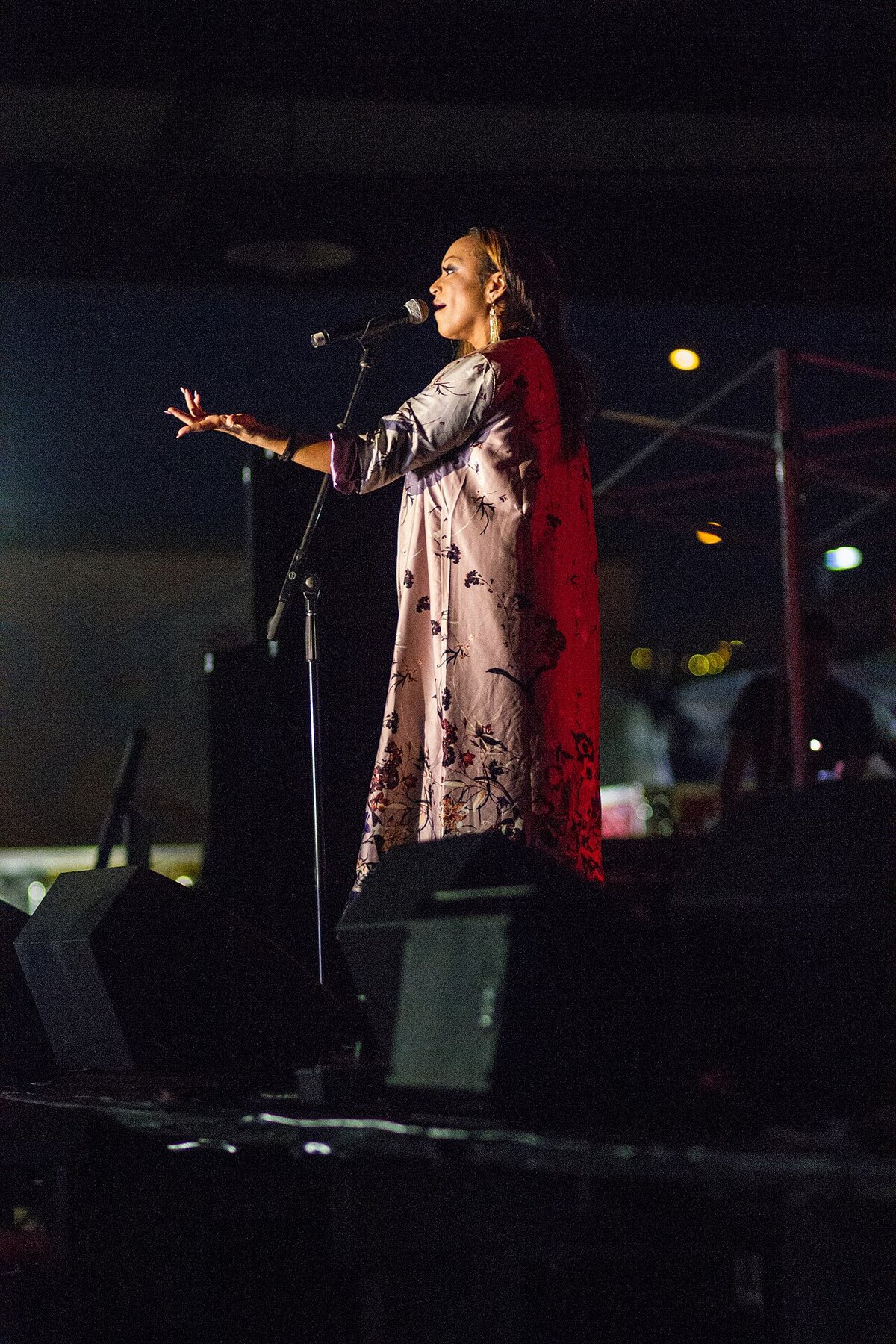Singer in a floral robe performing at a microphone on a dark outdoor stage