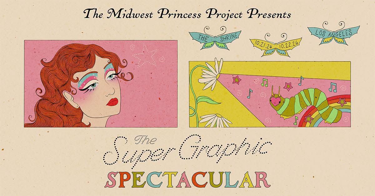 Illustrated poster with a red-haired figure in glittery blue and pink eye makeup, a rainbow caterpillar with music notes, and butterfly labels reading The Shrine, 10.21.26 and 10.22.26