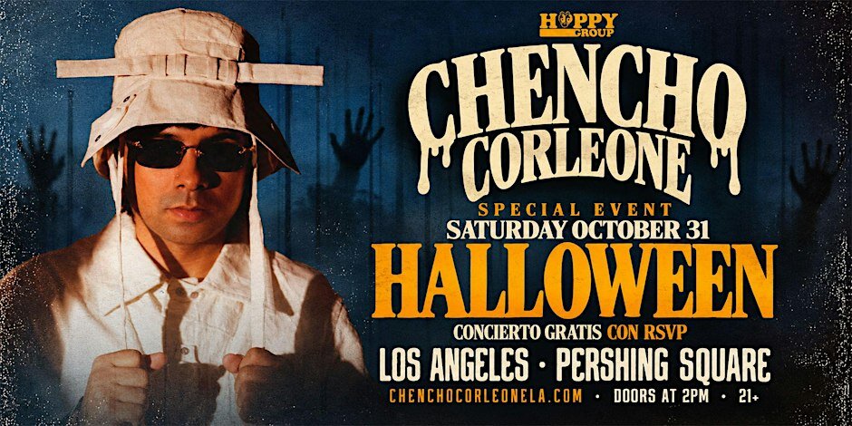 Event poster showing Chencho Corleone in a bucket hat and sunglasses beside Halloween concert details