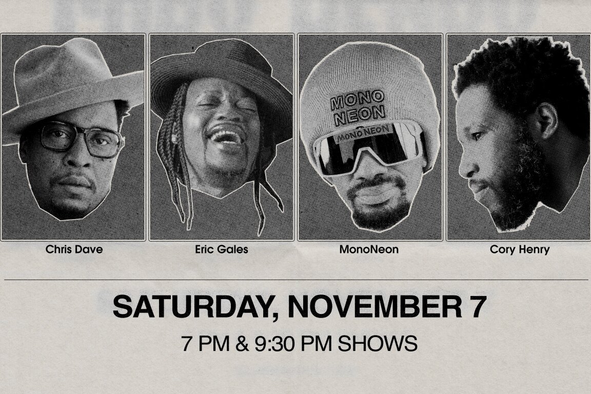 Four black-and-white portraits of the billed musicians above the text Saturday, November 7, 7 PM and 9:30 PM shows