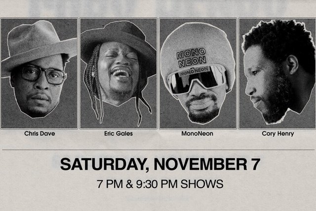 Four black-and-white portraits of the billed musicians above the text Saturday, November 7, 7 PM and 9:30 PM shows
