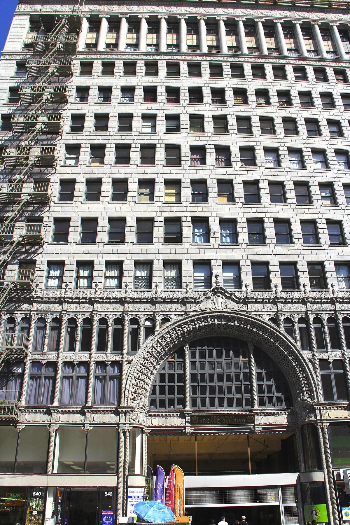 Ornate arched terra-cotta entrance of the Broadway Arcade Building on historic Broadway in downtown Los Angeles