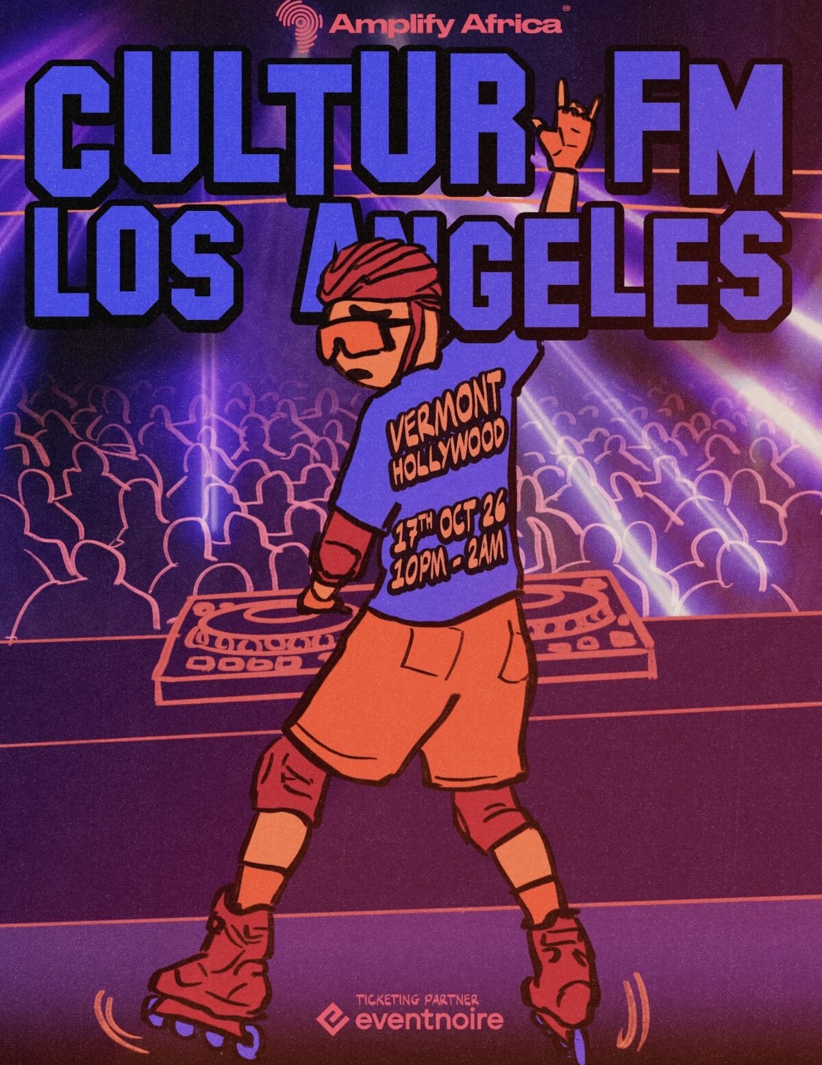 Illustrated Cultur FM Los Angeles flyer showing a roller-skating DJ in front of a crowd and turntables
