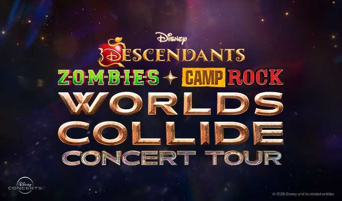 Worlds Collide Concert Tour title art with the Descendants, ZOMBIES and Camp Rock logos over a starry purple sky