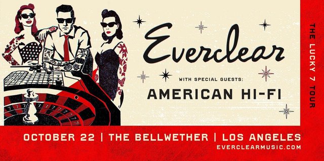 Tour poster for Everclear with special guests American Hi-Fi, showing a tattooed trio at a roulette table, October 22 at The Bellwether