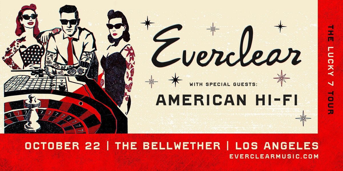 Tour poster for Everclear with special guests American Hi-Fi, showing a tattooed trio at a roulette table, October 22 at The Bellwether