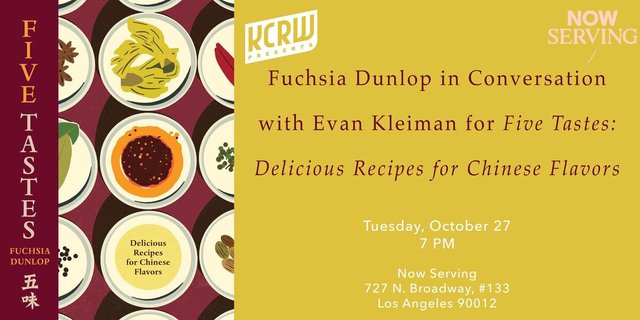 Event flyer with the Five Tastes cookbook cover beside the KCRW and Now Serving logos and the date, time and address