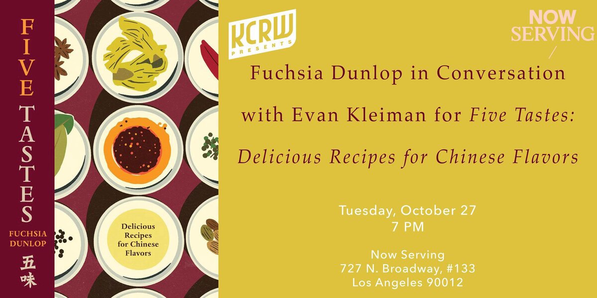 Event flyer with the Five Tastes cookbook cover beside the KCRW and Now Serving logos and the date, time and address