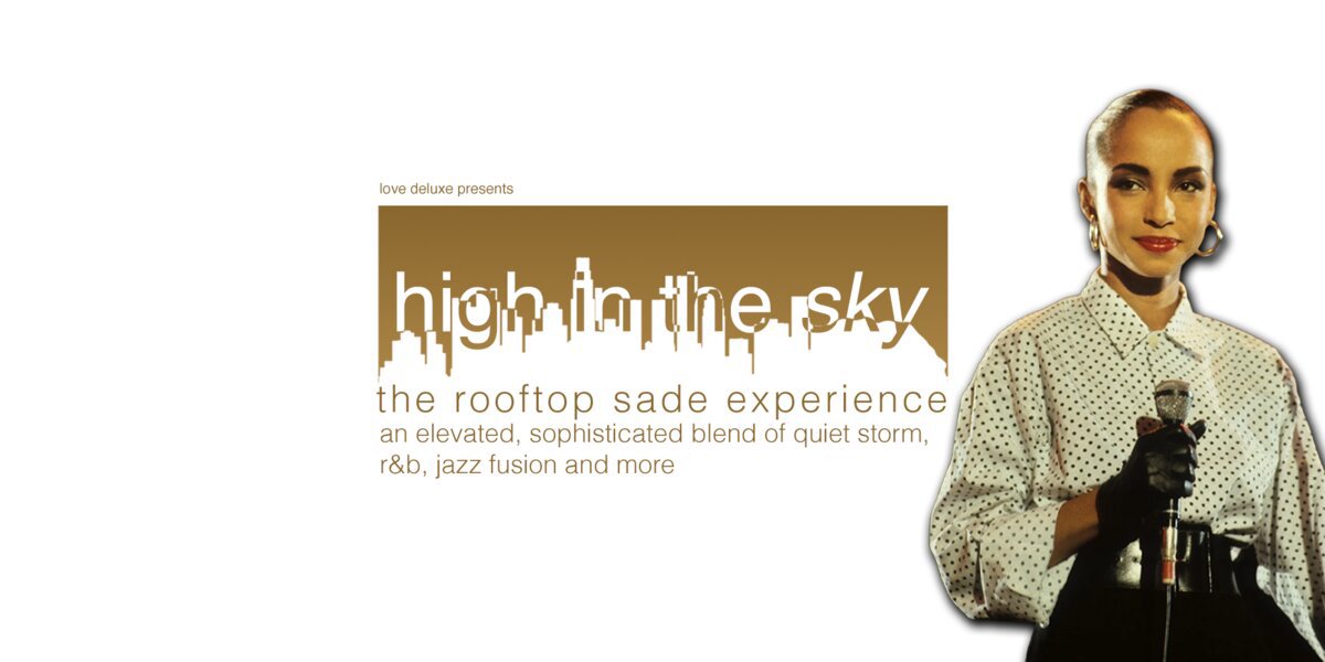 Event flyer with the title High in the Sky over a city skyline graphic beside a woman holding a microphone