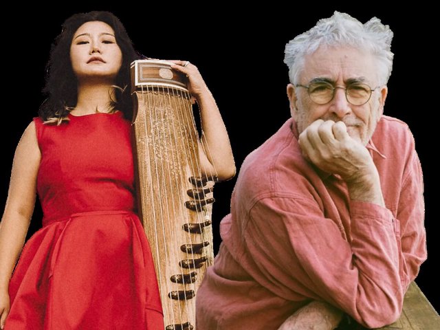DoYeon Kim holding a gayageum beside a portrait of Fred Frith, the promo art for the show