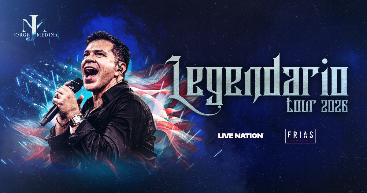 Jorge Medina singing into a microphone against a blue backdrop and the words Legendario Tour 2026