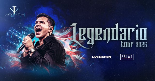 Jorge Medina singing into a microphone against a blue backdrop and the words Legendario Tour 2026