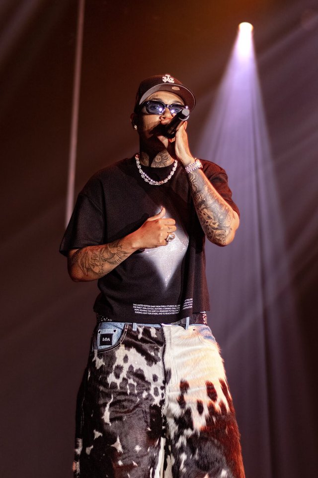 Singer in a black cap and sunglasses holding a microphone under a single spotlight on stage