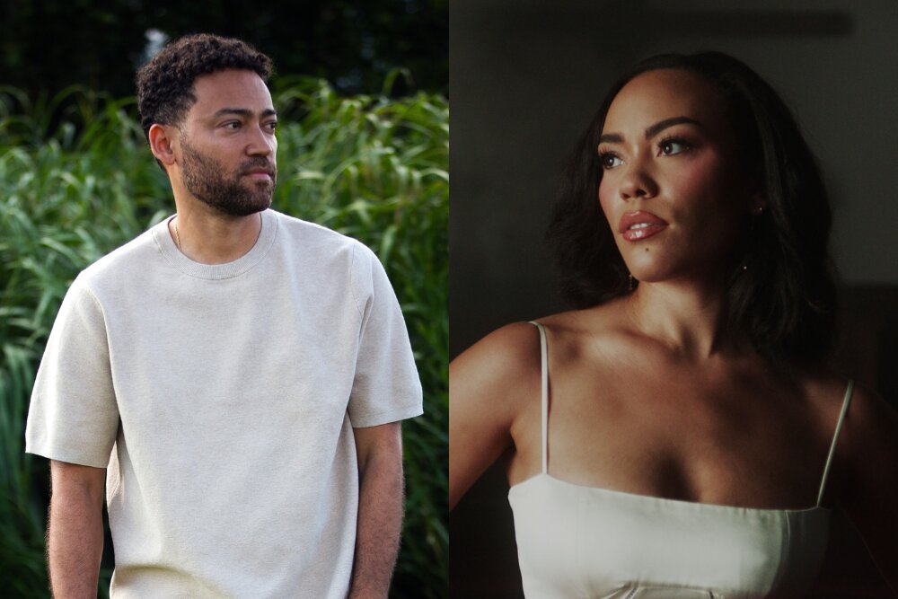 Side-by-side portraits of Taylor McFerrin in a cream tee against green grass and Madison McFerrin in a dim room