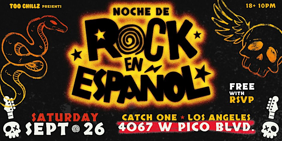 Colorful event flyer for Noche de Rock en Español at Catch One Los Angeles