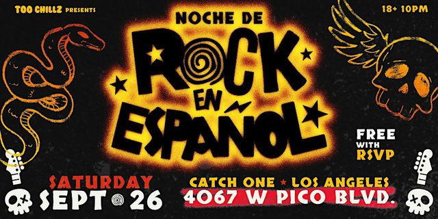 Colorful event flyer for Noche de Rock en Español at Catch One Los Angeles