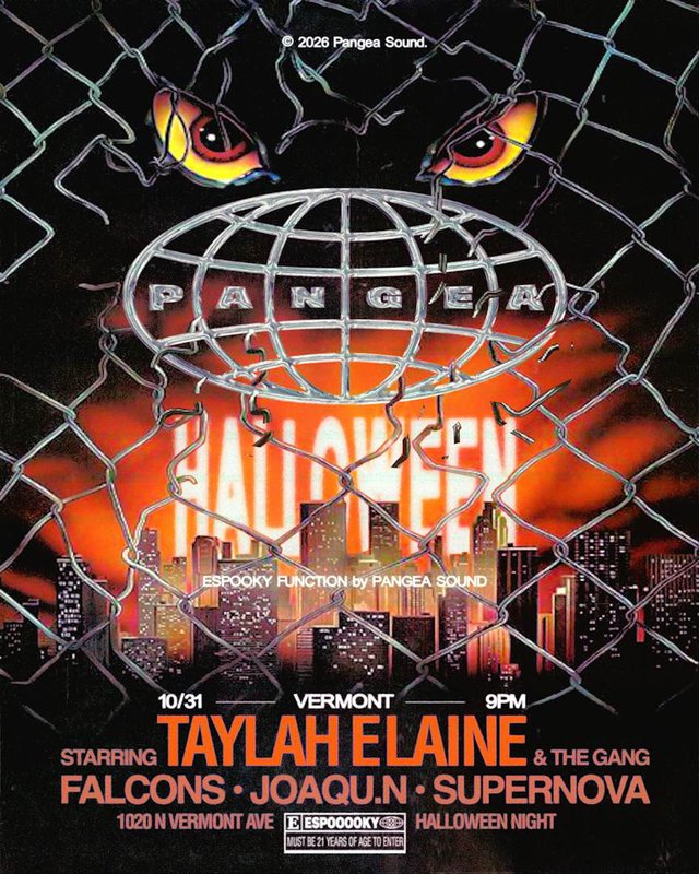 Event flyer for Pangea Espooky Halloween 2026 showing dark, stylized Halloween-themed concert artwork