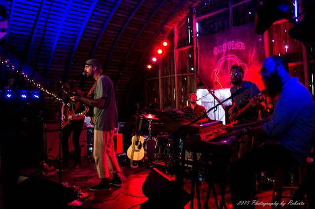Singer-songwriter on a dimly lit barn stage with a band, red and blue stage lights and a keyboardist in the foreground
