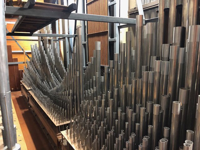 Rows of metal organ pipes inside a concert hall, lit warm from the side