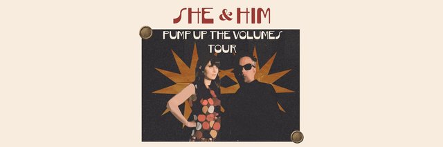 She & Him tour poster with the duo's name over a warm, vintage-styled backdrop