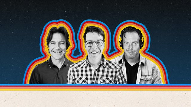 Black and white portraits of three men outlined in blue, red and yellow stripes on a starry navy background