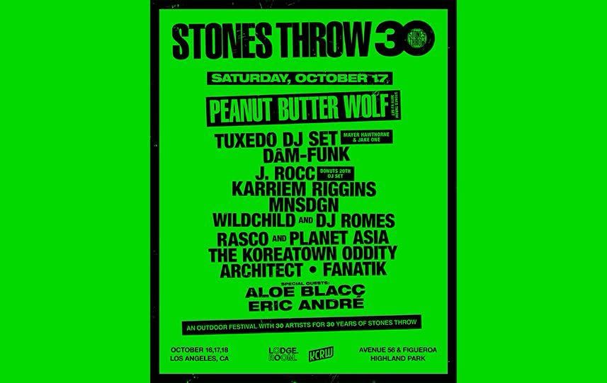 Green and black flyer listing the Saturday October 17 lineup for Stones Throw 30, headed by Peanut Butter Wolf