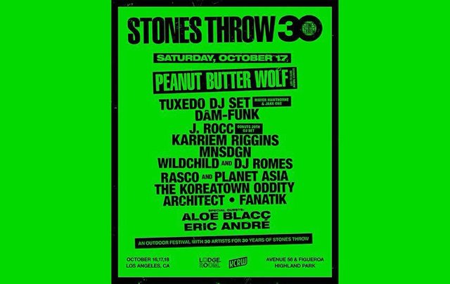 Green and black flyer listing the Saturday October 17 lineup for Stones Throw 30, headed by Peanut Butter Wolf