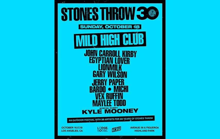 Bright blue flyer listing the Sunday October 18 lineup for Stones Throw 30, headed by Mild High Club