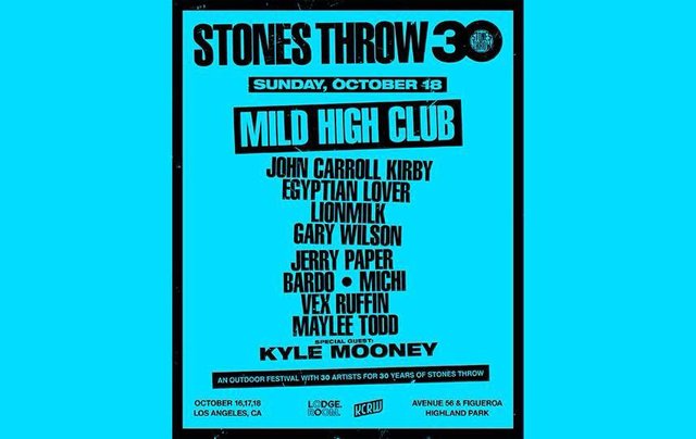 Bright blue flyer listing the Sunday October 18 lineup for Stones Throw 30, headed by Mild High Club