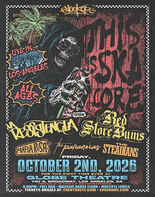 Flyer showing a skeleton in pink sunglasses under the words This Is Skacore, with the band names and Globe Theatre date below