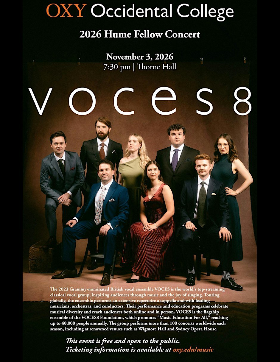 Event poster for the 2026 Hume Fellow Concert showing the eight members of VOCES8 posed together