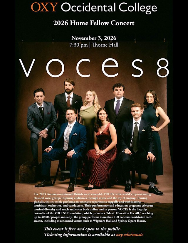 Event poster for the 2026 Hume Fellow Concert showing the eight members of VOCES8 posed together