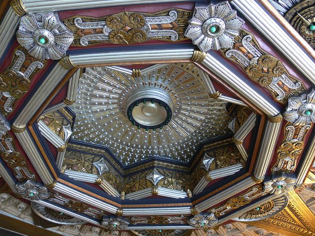Silver and gold Art Deco ceiling in the entrance of the Hollywood Pantages Theatre, where Water for Elephants plays