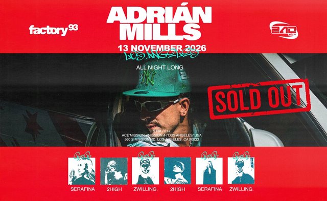 Red event flyer with the name Adrián Mills over a photo of a DJ in a green cap and sunglasses, with the supporting lineup pictured along the bottom