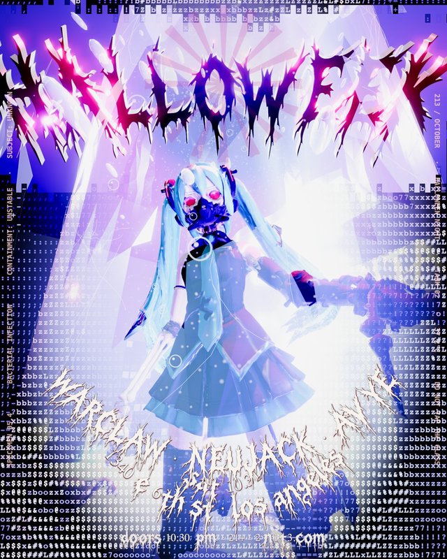 Event flyer for Halloween Contamination showing a blue-haired anime-style figure in a gas mask under glitchy spiked lettering, with the artist names along the bottom